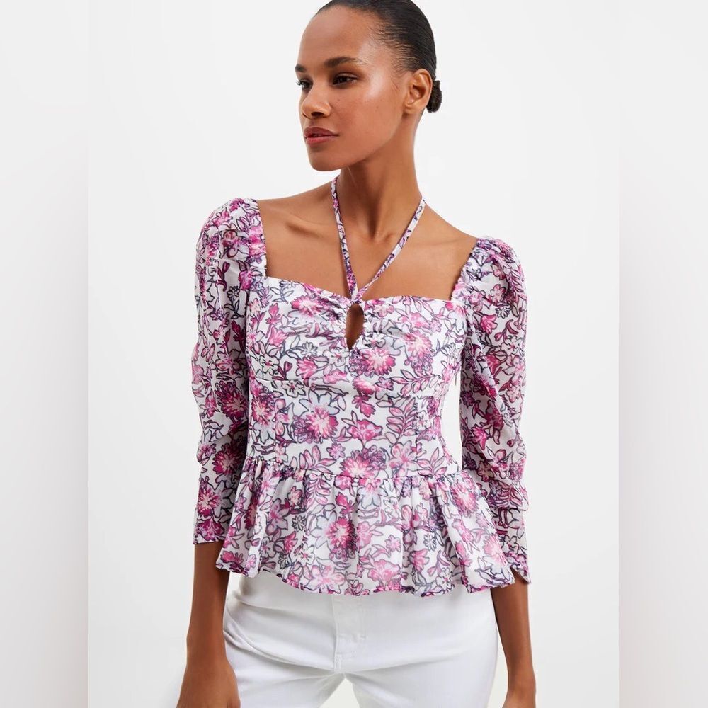 FRENCH CONNECTION Floral‎ Halter Peplum Top Smocked Pink Purple Size Large New